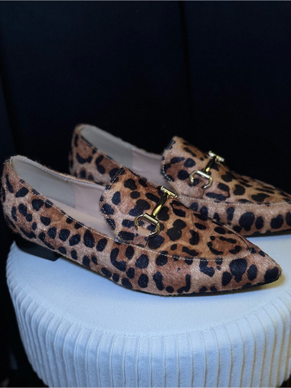 Leopard Print Pointed Toe Loafers with Gold Bit